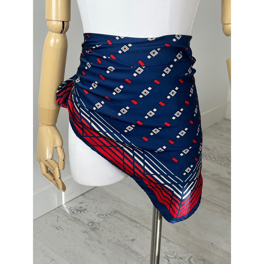 Vintage Navy Blue Red Geometric Square Scarf Polyester Retro 30x30